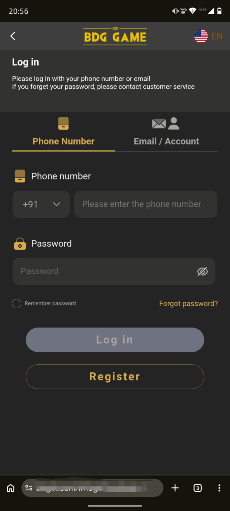 Screenshot of BDG Game Login Page