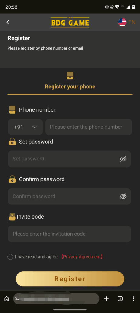 Screenshot of BDG Game Registration Page